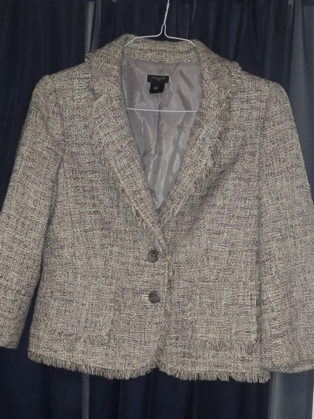 Ann Taylor Women's Taupe Tweed Frayed-Edge Blazer Jacket, Size 6